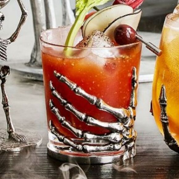 Skeleton Hand Double Old Fashioned Glass Cup Halloween Spooky 4'H Set Of 2 - Picture 9 of 9